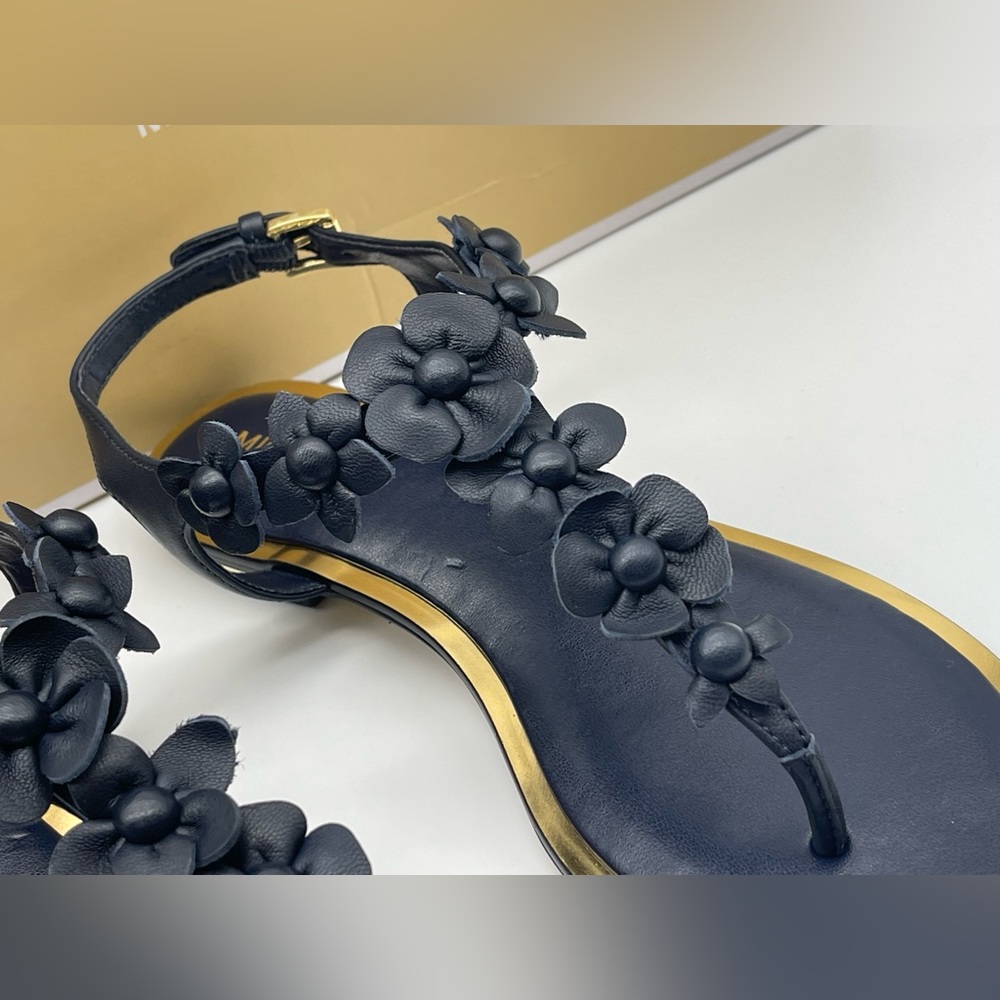 Michael Kors Thong Admiral Blue Leather Sandal Floral Accents - Picture 9 of 16